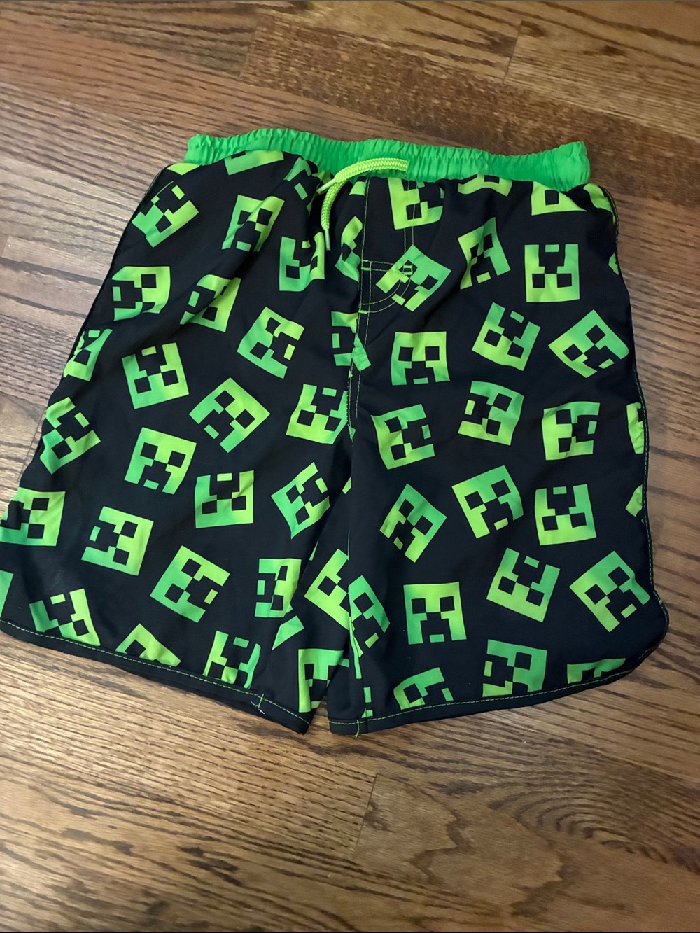 Minecraft creeper swim shorts boys size 10-12 black neon green elastic waist